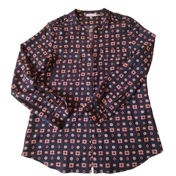 Calvin Klein Womens Tunic Blouse Button Front Long Sleeve Geometric Print Medium - Picture 2 of 12